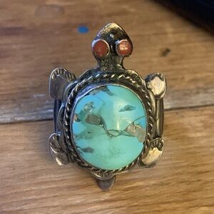 Native American Art Lewis Turquoise And Coral Turtle Heavy Silver Ring. As Is